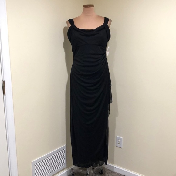 NWT Alex Evenings Gown Maxi Dress Size 10P Black Cowl Neck Cascading Ruch Side - Picture 2 of 12